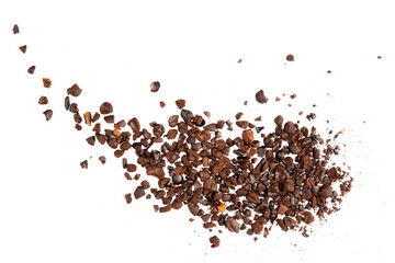 Coffee bean craked crushed splash isolated on white background top view