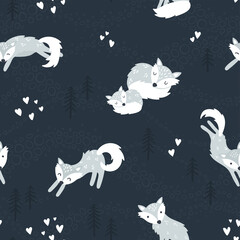 Naklejka premium Cute hand drawn polar foxes seamless pattern, sweet winter background, great for kids textiles, banners, wallpapers, wrapping - vector design