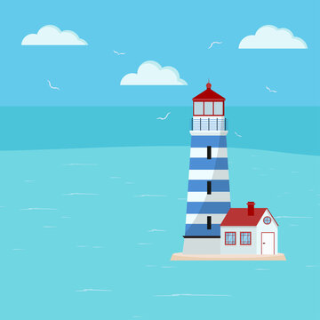 Lighthouse on sea landscape with gulls and sky vector illustration.
