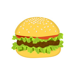 Hamburger icon with meat, lettuce,  and tomato. Vector illustration. Tasty big hamburger with cheese and sesame seeds isolated on white background.