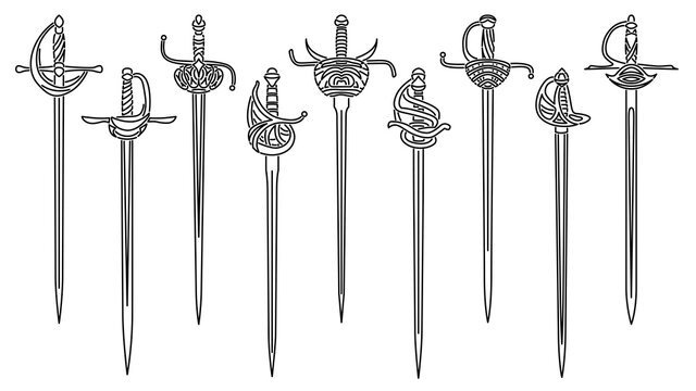 Set of simple vector images of epees and rapiers with decorative hilts drawn in art line style.