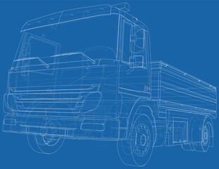Vector Wire-frame isolated Flatbed truck on background. Vector rendering of 3d.