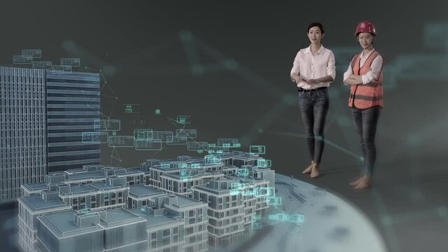 Asian female people talking to each other before BIM model in virtual world