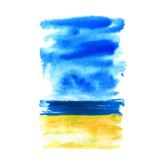 Hand drawn watercolor wash. Vertical stain in blue and yellow colors