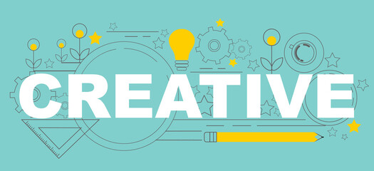 Vector illustration with word CREATIVE and innovative thinking related thin line icons, blue background