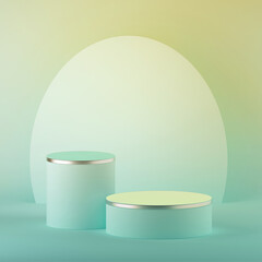 3d render, abstract mint yellow pastel easter background, blank cylinder podium, empty showcase, round stage, vacant pedestal, product display, blank board, expo platform. Copy space. Minimal design