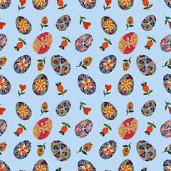 Seamless watercolor pattern with easter eggs and flowers in folk style on a blue background.