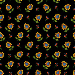 Naklejka na ściany i meble Seamless watercolor pattern with spring flowers in folk style on a black background.