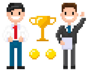 Pixel characters businessman with coins and trophy award vector, isolated man wearing business suit and tie smiling because of achievements, pixelated 8 bit graphics person