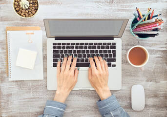 Work from home, online shopping, learning. Top view. Distance education.