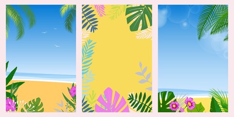 Set card vacation summer. Flat design vector illustration. Summer holidays and beach vacation things and items. Disign with exotic leaves, flowers and palms.