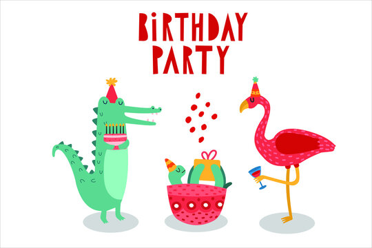 Cheerful cute crocodile, flamingo with a drink and a turtle having fun at a party. Animal party.Happy birthday. Сartoon animal hand drawing lettering with decorative elements.Design for greeting cards
