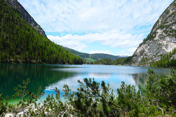 Fototapeta na wymiar Lake Pragser in Northern Italy, near Prags city.
