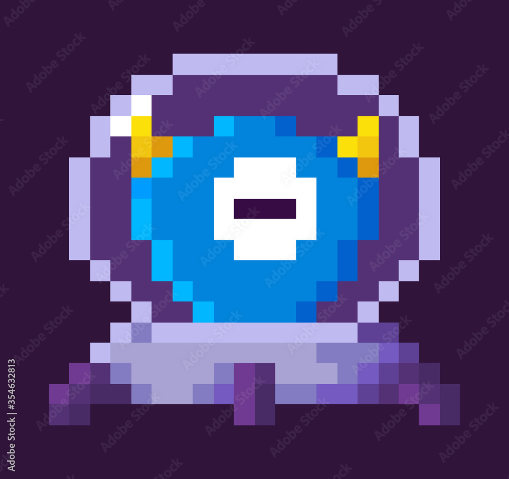 Poster alien sitting in spaceship vector, isolated monster with one eye and horns, 8 bit game pixelated cha