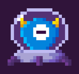 Obraz premium Alien sitting in spaceship vector, isolated monster with one eye and horns, 8 bit game pixelated character in protective costume, spooky personage , pixel cosmic monster for mobile app games