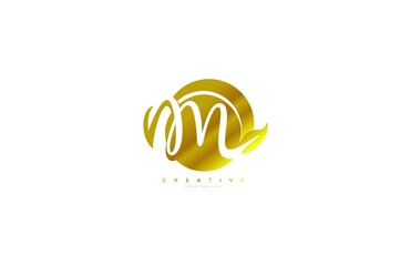 Letter M Monogram Rounded  Gold Shape Blue Color Background Logotype