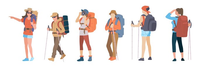 Girl with hiking backpack and trekking sticks. Young women explorer or traveller in sportswear. Adventure tourism, travel and discovery flat vector illustration.