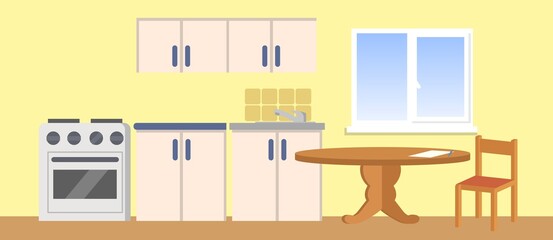 Modern kitchen interior background with furniture and accessories. Colorful flat vector illustration.