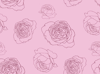Seamless vector pattern with beautiful outline rose flowers. Hand drawn nature painting. For wrapping, fabric, wallpaper. On a pink background