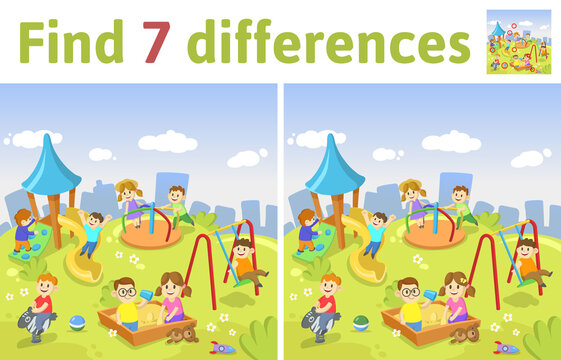 Find the differences in two colored pictures. Children riddle game with kids playing at the plyground. English language educational game sheet. Colorful flat vector illustration.