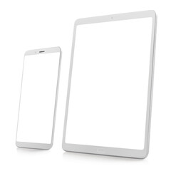 White digital gadgets (phone and tablet), isolated on white background