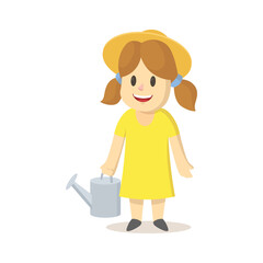 Girl in a straw hat and yellow dress holding watering can. Colorful flat vector illustration, isolated on white background.