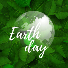 Earth day with globe icon lettering on the dark green leves background. Vector illustration. EPS 10