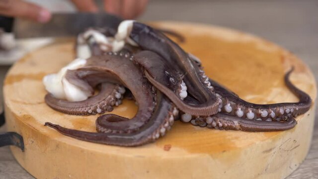 
Sliced squid on butcher for cooking seafood