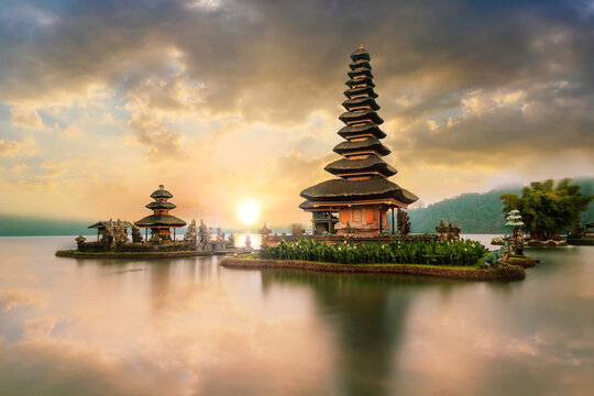 Ulun Danu Beratan Temple on sunrise, a famous  landmark located on the western side of the Beratan Lake , Bali ,Indonesia.