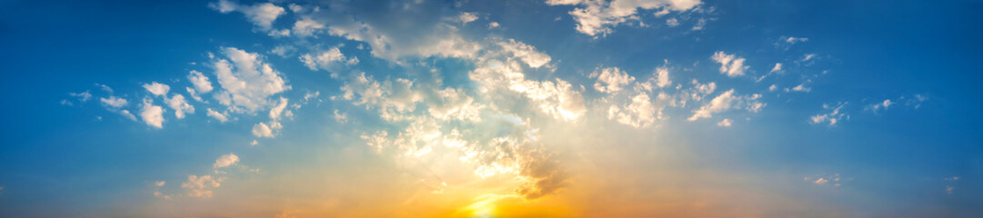 Naklejka na ściany i meble Panorama of Dramatic vibrant color with beautiful cloud of sunrise and sunset. Panoramic image.