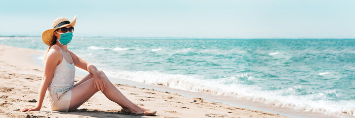 Woman in sunglasses and straw hat wearing medical mask at beach, new normal rules, web banner. Life after pandemic, obligatory use of face mask in public spaces, copy space