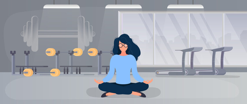 The girl is meditating in the gym. Girl do yoga in the gym. The concept of sport and active lifestyle. Vector.