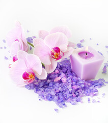 Fototapeta na wymiar Composition of spa treatment: Orchids and sea salt with candle