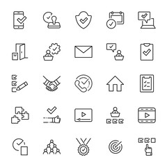 Set Approve Vector Line Icons. Contains such Icons as Quality Check, Protection Guarantee, Accepted Document and more. Editable Stroke. 32x32 Pixels