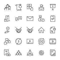 Set of Business Cooperation Vector Line Icons. Contains such Icons as Puzzle, Partnership, Money, Handshake, Dollars, Team, Synergy, Work, Interaction and more. Editable Stroke. 32x32 Pixels
