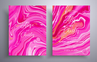 Modern set of wedding invitations with stone texture. Agate vector cards with marble effect and swirling paints, ruby, pink and golden colors. Designed for posters, packaging and etc