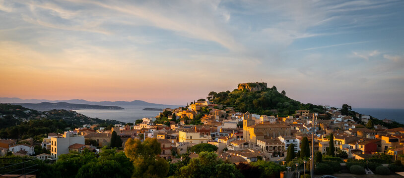 panorama of Begur old town and castle at sunset (Costa Brava - Girona - Spain)