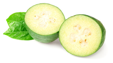 Tropical fruit feijoa with slices isolated on white background. Acca sellowiana
