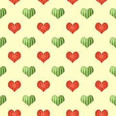 Summer background of hearts with a pattern of juicy and ripe watermelon.