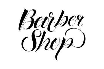 Vector illustration of the word barber. Barbershop lettering. The name is drawn by hands with a black brush on a white background. Ink calligraphy. Signboard, poster, banner, logo, template, card. 