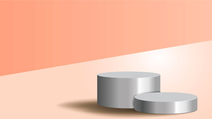 Round white stage podium illuminated with luxury on glitter particles background for product presentation.