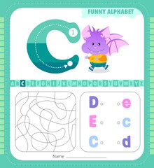 Letter C and funny cartoon bat. Alphabet a-z. Coloring page. Printable worksheet. 