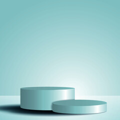 Round white stage podium illuminated with luxury on glitter particles background for product presentation.