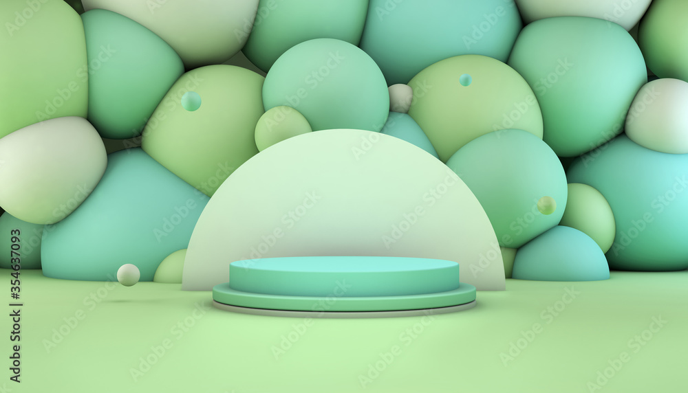Aufkleber 3d rendering of a green and turquoise podium with balls in the background for product presentation