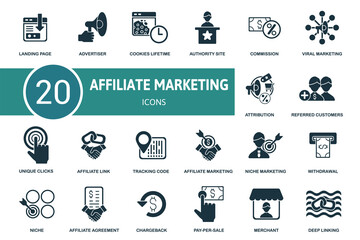 Affiliate Marketing icon set. Collection contain affiliate, link, attribution, authority site, chargeback, commission and over icons. Affiliate Marketing elements set