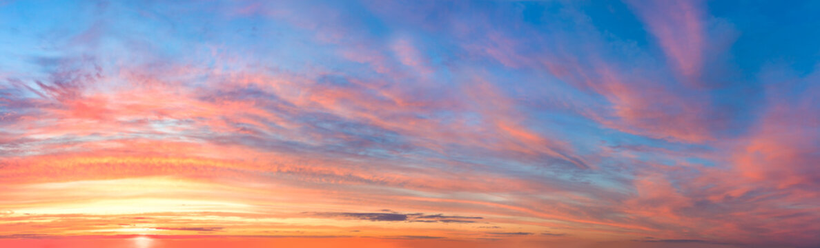 Panoramic Sunrise Sundown Sanset Sky with colorful clouds