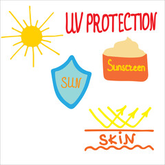 Skin care. Sun Protection with sunscreen cream. Hand drawn illustration in Doodle style. Vector illustration
