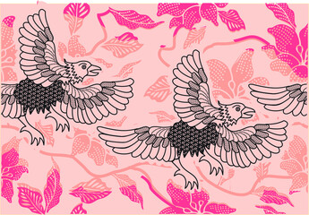 Indonesian batik motif with a very distinctive flora and fauna pattern, Vector


