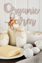 delicious fresh dairy products and eggs on white wooden background, organic farm illustration