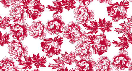 Vintage floral seamless pattern with outline peony